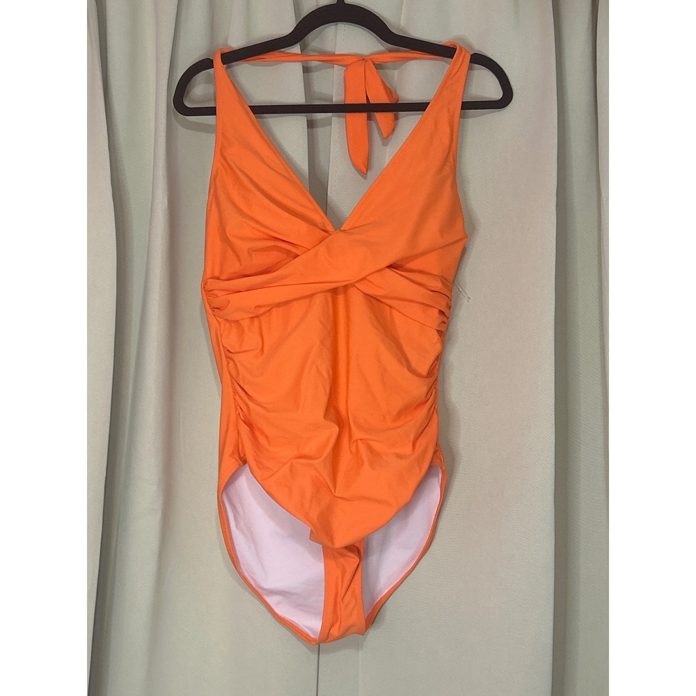 Unbranded One Piece Swimsuit Large Orange Ruched Twist Front Halter Neck